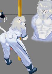 anthro ass baseball_(sport) baseball_uniform big_butt bottomwear butt_focus clothing digital_media_(artwork) felid fur genitals hair hair_over_eyes hi_res japanese_text leo_(saitama_seibu_lions) lion male male/male mammal mascot muscular muscular_male nippon_professional_baseball pantherine penis pole presenting presenting_hindquarters rear_view saitama_seibu_lions smile solo sport sportswear text uniform yo_zee