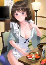 ai_generated big_breasts black_hair blue_eyes bottomless chowbie cleavage maid maid_uniform no_panties original original_character sushi