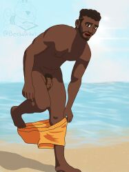 1boy baptiste beach beebadraws big_eyes changing_clothes dark-skinned_male dick male_only mouth_open muscular_male overwatch shorts smooth_skinned_male solo_male swimsuit swimwear