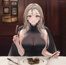 1girls ai_generated big_breasts black_dress chowbie cleavage date dinner dinner_date dress fancy_clothing looking_at_viewer original original_character pov tagme wine