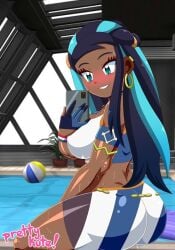 alternate_version_available artist_name ass beach_ball big_breasts black_hair blue_eyes blue_hair blush dark-skinned_female dark_skin female game_freak green_eyes gym_leader holding_phone hoop_earrings long_hair multicolored_hair nessa_(pokemon) nintendo phone pk-studios pokemon pokemon_ss pool poolside selfie sideboob solo wet