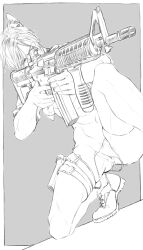 1boy abs absurdres aiming animal_ears cat_boy cat_ears catboy cuntboy greyscale gun highres holding holding_gun holding_weapon holster holstered ibex intersex leon_scott_kennedy male_focus male_underwear monochrome muscular muscular_male nude pectorals resident_evil resident_evil_4 resident_evil_4_remake short_hair solo squatting thigh_holster thighs thong underwear weapon