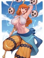 1girls armpits asura_(artist) brown_eyes cosplay crossplay duplicate electricity enel_(cosplay) female female_focus female_only inner_sideboob long_hair nami one_leg_up one_piece orange_hair post-timeskip post_timeskip sideboob slim_waist smile smiling_at_viewer solo solo_female solo_focus white_bra