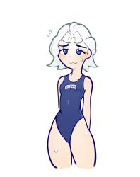 1girls :3 diamond_is_unbreakable female female_only flat_chest jojo's_bizarre_adventure koichi_hirose nervous nervous_sweat rule_63 shiruru simple_background small_breasts solo standing swimsuit white_background