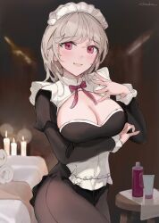 ai_generated big_breasts chowbie cleavage maid maid_headdress maid_master maid_outfit maid_uniform massage_oil massage_table original original_character