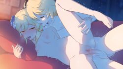 1boy 1girls 4k absurd_res aether_(genshin_impact) ahoge bed blonde_hair blush breasts brother_and_sister closed_eyes clothing completely_nude eyes_closed female flower flower_in_hair full-face_blush genshin_impact grabbing_pillow greatm8 heavy_breathing highres hoyoverse incest indoors legs_apart light-skinned_female light-skinned_male light_skin lumine_(genshin_impact) male medium_breasts mihoyo motion_lines nipples nude nude_female nude_male opposite_sex_twins pale-skinned_female pale-skinned_male pale_skin penis pillow_grab pillow_hug pussy sheets short_hair siblings spooning twincest twins uncensored vaginal vaginal_penetration vaginal_sex