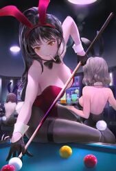 ai_generated bar big_breasts billiard_table bunny_ears bunnysuit chowbie detached_collar female female_only multiple_girls original original_character pool pool_table