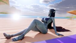 1girls 3d 3d_(artwork) beach bikini blizzard_entertainment blue_body cape cloak elf elf_ears female female_only forsaken guidugalle heels hood mawsworn pointy_ears red_eyes solo sylvanas_windrunner undead warcraft white_hair world_of_warcraft