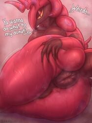 anthro anus ass big_butt bodily_fluids female generation_5_pokemon genitals hi_res huge_butt looking_at_viewer looking_back looking_back_at_viewer nintendo pokemon pokemon_(species) pussy red_body scolipede smagloosh solo sweat sweaty_butt thick_thighs