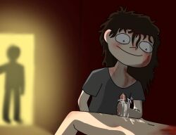 blood brown_hair catherine_vaughn caught caught_in_the_act cortro crazy_eyes crazy_smile cum cumming dark_room flat_chest highres killer_female messy_hair oc_character serial_killer shaded shirt_only yandere