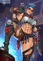 abs absurdres blizzard_entertainment blue_hair breasts collar dual_wielding earrings electricity english_text facepaint female fishnet_pantyhose fishnets gun highres hiiluigi holding jewelry junker_queen knife large_breasts lip_piercing looking_down muscular muscular_female odessa_stone overwatch overwatch_2 pantyhose piercing red_eyes sawed-off_shotgun shotgun shoulder_spikes smile solo spiked_collar spikes teeth thick_thighs thighs weapon