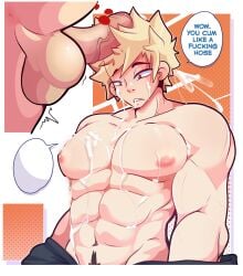 abs bara big_balls big_pecs big_penis blonde_hair bukkake cum cum_covered cum_in_mouth cum_on_body cum_on_face cum_on_hair cum_on_pecs eijirou_kirishima excessive_cum galaximonkey gay huge_cock katsuki_bakugou large_pectorals large_penis muscular muscular_male my_hero_academia pecs penis_on_head red_eyes teabag text text_bubble thick_penis uncut yaoi