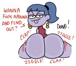 1girls ass big_ass big_butt big_city_greens blue_hair dialogue earrings eyebrows eyelashes fat_ass female female_only gloria_sato large_ass looking_at_viewer looking_back ponytail purple_body purple_skin solo solo_female solo_focus text theslashfive thick_ass thick_thighs thighs tongue tongue_out wings