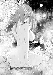 ass branch breasts commentary_request completely_nude falling_petals female from_behind go-toubun_no_hanayome greyscale hair_between_eyes highres kosmos_beta large_breasts long_hair looking_at_viewer monochrome nakano_miku nude onsen paid_reward_available petals rock sitting smile soaking_feet solo steam tree wet