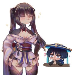 1boy 1girls bangs blush cleavage cosplay female female_focus genshin_impact happy heart-shaped_pupils hearts_around_head hearts_in_eyes in_love koviiyay long_hair mona_(genshin_impact) nosebleed proud raiden_shogun_(cosplay) scaramouche_(genshin_impact) staring thick_thighs thighhighs thighs twintails