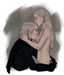 1boy a_song_of_ice_and_fire aegon_ii_targaryen age_difference aged_down aged_up ass_grab braided_hair clothed_male_nude_female female game_of_thrones gloves house_of_the_dragon house_targaryen incest kissing_breasts rhaenyra_targaryen sibling_incest small_breasts white_eyelashes white_hair