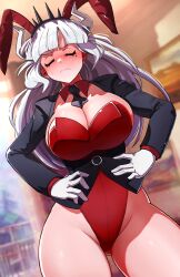 1girls 2023 2d 2d_(artwork) 8husa ass_visible_through_thighs big_breasts big_thighs black_tie blush blushing_profusely breasts bunny_costume bunny_ears bunnysuit cleavage closed_eyes demon demon_girl demon_horns female female_focus female_only gloves hands_on_hips helltaker hi_res highres hips huge_breasts large_breasts large_thighs leotard light_skin light_skinned_female long_hair lucifer_(helltaker) mole mole_under_eye open_suit red_leotard skimpy skimpy_clothes solo solo_female solo_focus suit_and_tie thick_thighs thigh_gap thighs tie white_gloves white_hair wide_hips year_of_the_rabbit