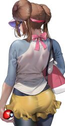 2023 ass bag big_ass black_legwear blue_eyes brown_hair cap female game_freak handbag hi_res highres holding_pokeball huge_ass long_hair looking_at_viewer looking_back marushin_(denwa0214) nice_ass nintendo pink_ribbon pokeball pokemon pokemon_bw2 ribbon rosa_(pokemon) shorts side_eye skirt thighs tights twin_buns twintails visor white_background yellow_skirt