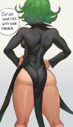 1girls absurd_res ass back_view bubble_butt cutesexyrobutts_(style) dialogue dress english_text female green_eyes green_hair hand_on_hip hi_res lesottart light-skinned_female light_skin no_panties one-punch_man short_hair simple_background solo standing tatsumaki text