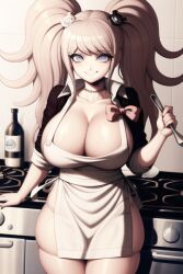 ai_generated apron clothing danganronpa huge_breasts junko_enoshima kitchen smiling solo_female thick_thighs twintails