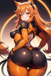 1girls ai_generated animal_ears ass bending_over bent_over big_ass bubble_butt cameltoe erect_nipples fat_ass from_behind highres mayano_top_gun_(umamusume) nipple_bulge orange_eyes orange_hair presenting presenting_ass skin_tight small_breasts smile solo stable_diffusion thick tight_clothing yuqolilos