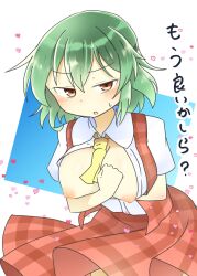 1girls 2020 blush breasts breasts_out clothed clothing exposed_breasts female female_only green_hair heart japanese_text matsu_kitsune nipples open_clothes open_shirt red_eyes shirt short_hair solo solo_female text touhou yuka_kazami