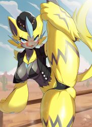 anthro big_breasts blue_eyes blush bodily_fluids breasts clothing female frontier_style_zeraora fur generation_7_pokemon hi_res holowear_(pokémon) holowear_(pokemon) legendary_pokemon looking_at_viewer nintendo open_mouth pokemon pokemon_(species) pokemon_unite raised_leg skykain solo sweat sweatdrop tongue tongue_out underwear yellow_body yellow_fur zeraora