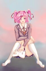 1girls blue_skirt definitelynotbobross doki_doki_literature_club female female_only manga_(object) natsuki_(doki_doki_literature_club) panties panty_peek pink_eyes pink_hair skirt solo