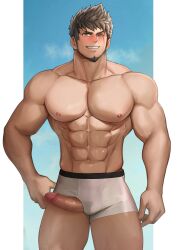 1boy abs absurdres bara black_hair blush boxer_briefs erection facial_hair goatee highres large_pectorals male_focus male_underwear mikicat muscular muscular_male navel nipples one_eye_closed pectorals penis rex_(xenoblade) scar scar_across_eye scar_on_face short_hair smile solo teeth thick_thighs thighs underwear white_male_underwear xenoblade_chronicles_(series) xenoblade_chronicles_3