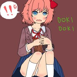 !! 1girls 5_fingers anger_vein blue_eyes blue_skirt blush bow doki_doki_literature_club english_text female green_text hairbow johndoe_1995 just_sayori pantyshot red_background red_bow red_hair_bow red_hairbow sayori_(doki_doki_literature_club) skirt socks strawberry_blonde_hair text