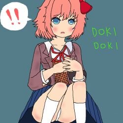 !! 1girls 5_fingers blue_background blue_eyes blue_skirt blush bow doki_doki_literature_club english_text female green_text hairbow johndoe_1995 just_sayori pantyshot red_bow red_hair_bow red_hairbow sayori_(doki_doki_literature_club) skirt socks strawberry_blonde_hair text