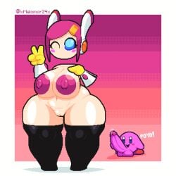 1boy 1girls alien alien_girl barefoot big_breasts blue_eyes blush breasts erect_penis erection female kirby kirby_(series) kirby_planet_robobot large_breasts light-skinned_female light_skin male nintendo nipples peace_sign penetration penis pink_body pink_hair pink_nipples pink_skin pixel_art precum stockings susie_(kirby) thick_thighs thighhighs thighs wide_hips xmelomor24x