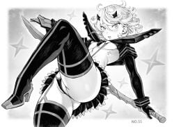 1girls ass cosplay curly_hair female garter_belt high_heels kill_la_kill miniskirt mogudan monochrome one-punch_man raised_leg scissor_blade senketsu short_hair skimpy_clothes skirt small_breasts solo sword tatsumaki thighhigh_boots thighhighs thong