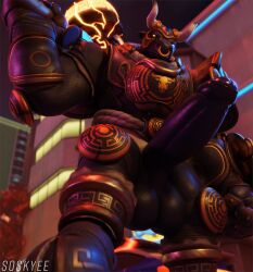 2023 3d_(artwork) ankle_guards anthro armor artist_name balls belt big_balls big_penis black_body blizzard_entertainment bottomwear bovid bovine breastplate city city_background clothing digital_media_(artwork) european_mythology fist footwear genitals glowing glowing_eyes glowing_weapon greek_mythology hammer headgear helmet hi_res horn knee_pads loincloth low-angle_view male mammal minotaur mythology overwatch overwatch_2 penis reinhardt reinhardt_(overwatch) rope rope_belt sandals shoulder_guards solo soskyee tools watermark wrist_guards