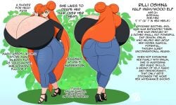 character_sheet elf female ginger green_eyes high_heels huge_ass hyper_breasts leggings orange_hair purpleguyri riley_moore_(artist) rilli_oshina tagme thick_thighs