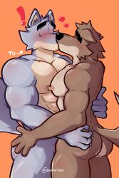 2023 2boys bara baxter7020 baxtertvin blue_fur blush brown_fur canid canine erect_nipples eyes_visible_through_hair gay heart hug hugging kissing mr._wolf_(the_bad_guys) muscular_male muscular_males simple_background the_bad_guys twitter wolf yaoi