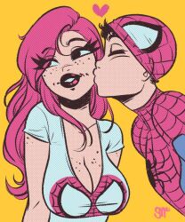 1boy 1boy1girl 1girls big_breasts breasts bust busty canon_couple cleavage cute cute_face digital_drawing_(artwork) digital_media_(artwork) female female_focus green_eyes huge_breasts kissing large_breasts light-skinned_female light_skin lips male male/female marvel marvel_comics mary_jane_watson peter_parker red_hair sgtmadness shirt spider-man spider-man_(series) straight straight_hair thick_lips voluptuous watermark wholesome