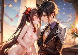 1boy 1boy1girl 1girls ai_generated black_gloves black_hair blush breasts brown_hair completely_nude couple eyeliner face-to-face female formal genshin_impact gloves gradient_hair hair_between_eyes hu_tao_(genshin_impact) jacket licking_lips long_sleeves multicolored_hair nipples plum_blossoms red_eyes shirt small_breasts straight suit symbol-shaped_pupils tongue_out twintails very_long_hair yellow_eyes zhongli_(genshin_impact)