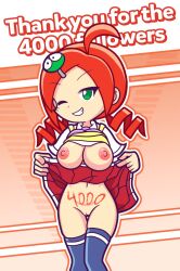 1girls accurate_art_style andou_ringo big_breasts body_writing exhibitionism exposed_breasts follower_celebration furii_(artist) green_eyes hair_ornament lifting_shirt lifting_skirt milestone_celebration nipples puyo_puyo puyo_puyo_7 puyo_puyo_artstyle puyo_puyo_fever red_hair shirt_lift skirt skirt_lift stockings thighhighs winking_at_viewer