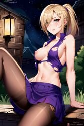 ai_generated blonde_hair blush breasts clothing dress erect_nipples green_eyes ino_yamanaka looking_at_viewer nagual-ui naruto naruto_shippuden nipples one_breast_out open_mouth ponytail purple_dress seductive_look torn_clothes torn_dress torn_shirt