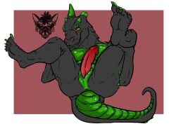 acidraptor anthro ass black_body feet genitals green_body green_scales horn kobold looking_at_viewer male no_pupils penis presenting presenting_hindquarters scales scalie simple_background slit solo spread_legs spreading