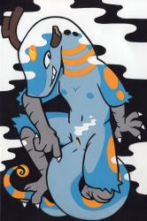 absurd_res anthro antlers anus avian_arms blue_body blue_fur broken_horn cloud cloud_hair dragon female flat_chested forehead_gem fur genitals hi_res horn hydra-lic navel nude pinup pose pubes pussy rosemary_(hydra-lic) solo tail_gem