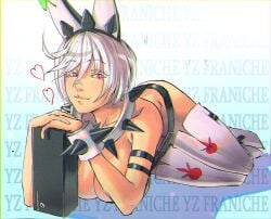 2001:_a_space_odyssey :3 ahoge belt big_breasts bunny_ears collar covered_nipples elphelt_valentine guilty_gear guilty_gear_xrd heart-shaped_pupils large_breasts looking_at_viewer lying_on_ground lying_on_stomach metal_pipe mostly_nude pale_skin rabbit_ears red_eyes spiked_bracelet spiked_collar tagme tagme_(artist) white_hair xbox xbox_series_x