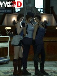 3d 3d_(artwork) 3girls beret boots brown_hair female female_only holster jill_valentine jill_valentine_(julia_voth) jill_valentine_(sasha_zotova) jill_valentine_(sienna_guillory) miniskirt pinup police_station police_uniform policewoman resident_evil resident_evil_3 resident_evil_3_remake s.t.a.r.s sweater tank_top trousers tubetop wolfwhistle3d