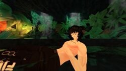 1boy 3d abs black_hair glasses muscles muscular muscular_male pants plants shirtless tattoo vibe vibing vrchat vrchat_avatar water wet