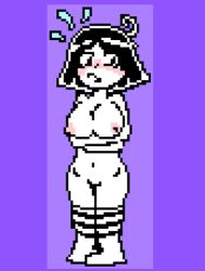 2d blush breasts chara color completely_nude female female_only hands_crossed k0ys0y looking_away nervous nipples pixel_art short_hair thick_thighs thighhighs uncensored undertale undertale_(series)