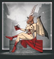 2022 anthro bone bovid breasts caprine caprine_demon demon feathered_wings feathers female gilamasan goat_demon hi_res horn incubus_(silent_hill) konami mammal monster nipples silent_hill skull skull_head solo tan_body undead video_games wings