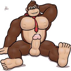 alanottaviano anthro ape bara barazoku bodily_fluids digital_media_(artwork) donkey_kong donkey_kong_(series) feet furry genital_fluids genitals gorilla haplorhine hi_res male male_only mammal mario_(series) musclegut muscular muscular_male nintendo overweight overweight_male penis precum primate solo solo_male super_mario_bros._(2023_film) tie_only