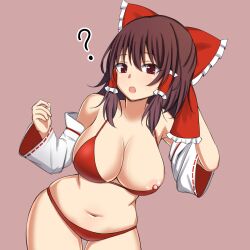 ? bikini bow breasts brown_background brown_eyes brown_hair cleavage commentary_request cowboy_shot detached_sleeves female hair_tubes hairbow hakurei_reimu hand_in_own_hair highres large_breasts looking_at_viewer medium_hair navel nipple_slip nipples open_mouth red_bikini red_bow reimu_hakurei ribbon-trimmed_sleeves ribbon_trim sidelocks simple_background solo sumari swimsuit touhou