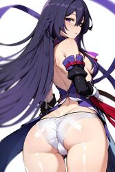 1girls ai_generated big_ass curvy_body curvy_female curvy_figure female_penetrated honkai:_star_rail honkai_(series) long_hair looking_at_viewer looking_back_at_viewer panties purple_eyes purple_hair seele_(honkai:_star_rail) seele_vollerei solo_female solo_focus stable_diffusion